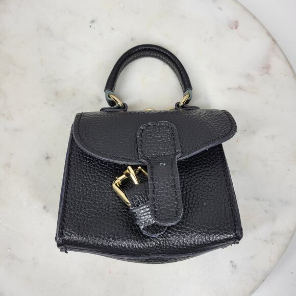 Vintage Italian Mini Black Leather Top Handle Bag Gold Buckle Made in Italy - Picture 12 of 16